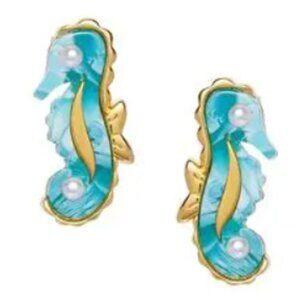 NWT Lele Sadoughi Imitation Pearl Aqua Seahorse Stud Earrings in 14K Gold Plated
